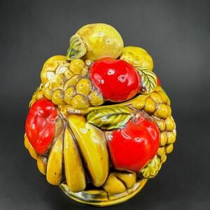 Vintage Ardco Ceramic Fruit Basket Cookie Jar Hand Painted Multi Fruit Container